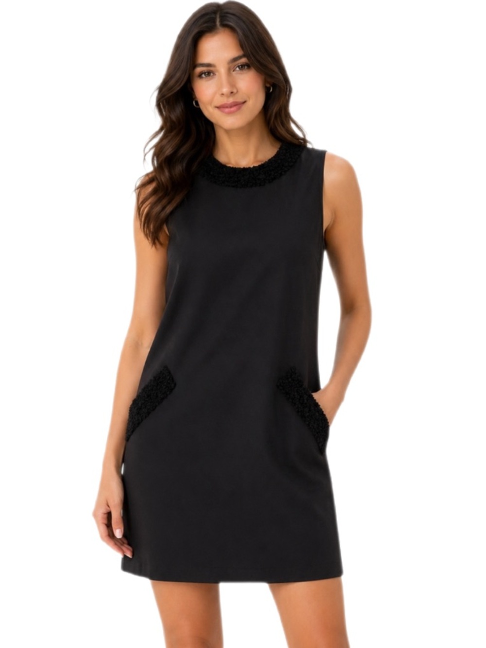 LOFT Petite Black Sleeveless Shift Dress Textured Trim Lined Size 0P